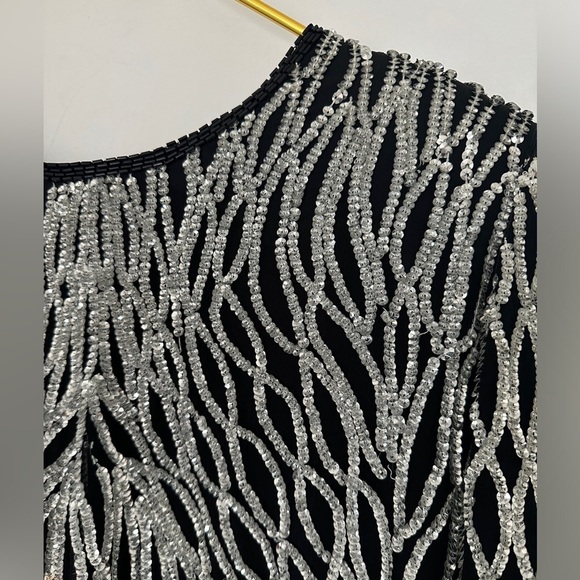 Vintage Royal Feelings Black Pure Silk Silver Sequin Ornate Evening Top FLAW XL - Picture 4 of 11